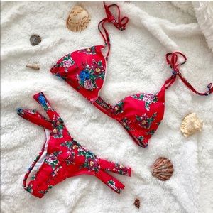 Red floral shoulder tie double strap bikini